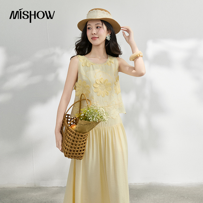 Midi Skirt Floral - MISHOW Fransız Çiçek Nakışlı Bluz Düz