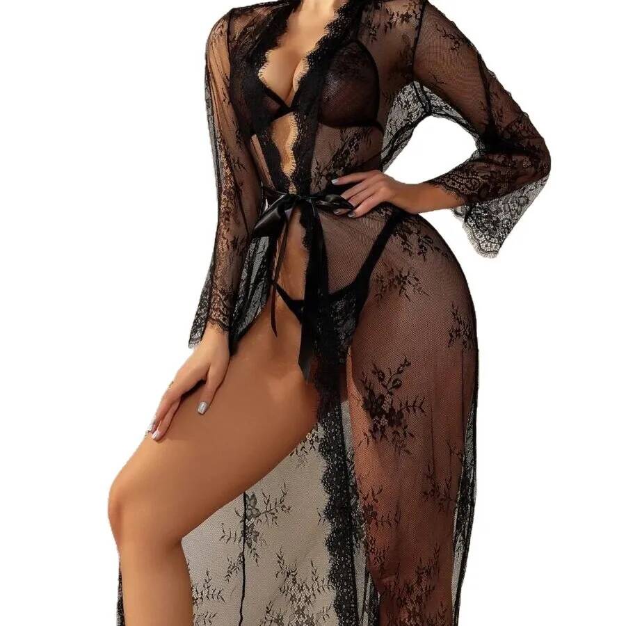 Kimono Sheer Floral - Kadınlar İçin Siyah Dantel Şeffaf Uzun