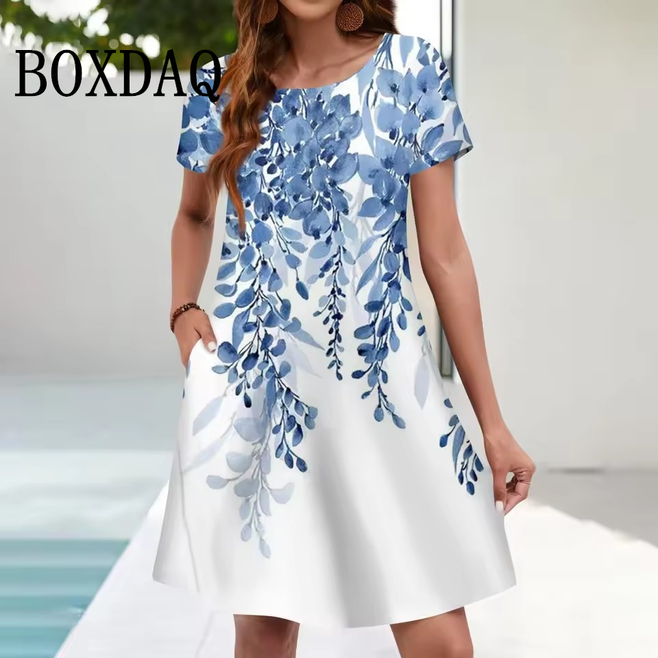 Romper Floral Print - Kadın Rahat Sundress Gevşek Cepler Yaz