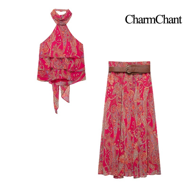 Romper Floral Print - CHARMCHANT Kadın Paisley Desenli Halter Yaka