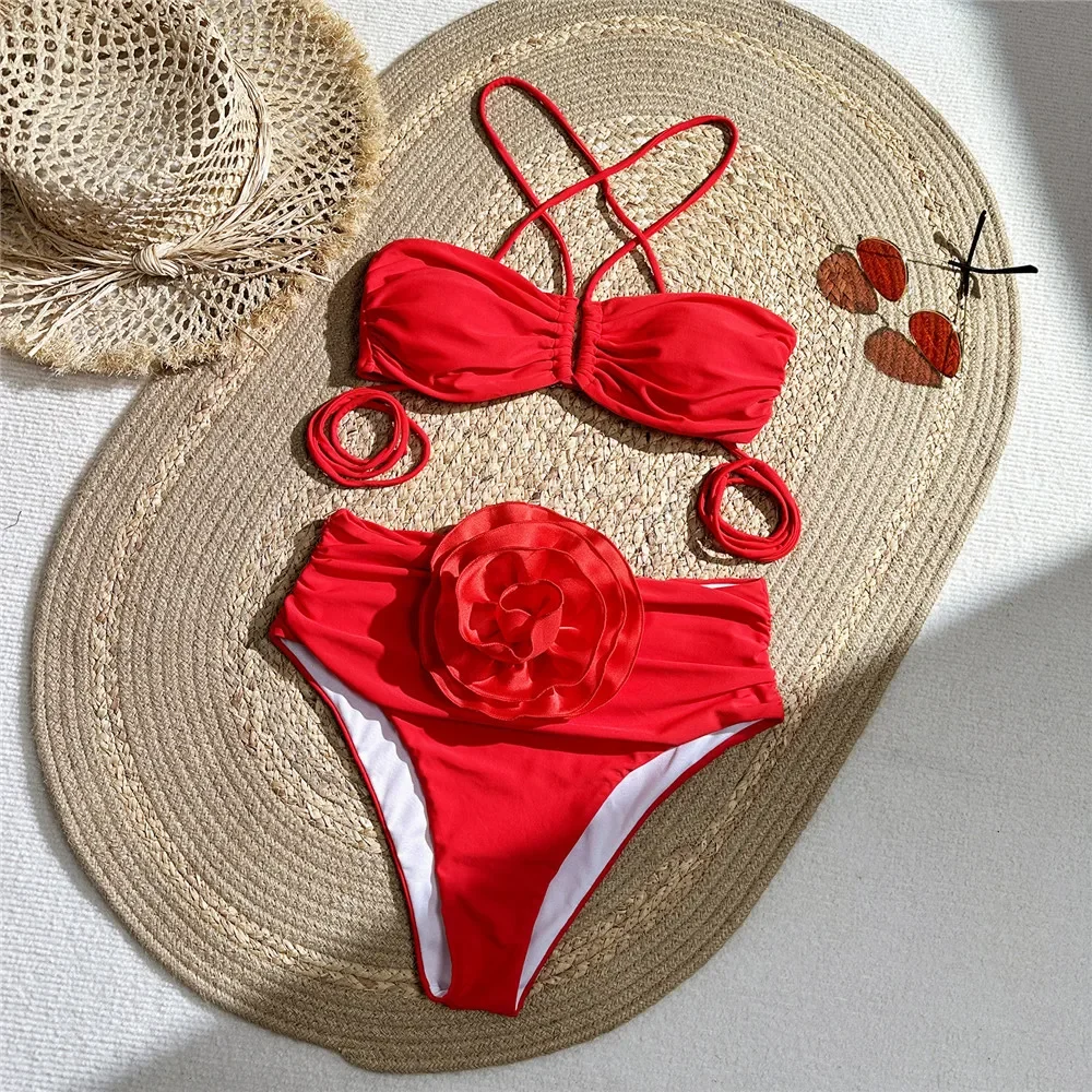 Swimsuit Bikini Ruched - Seksi Kırmızı 3D Çiçek Mayo Halter
