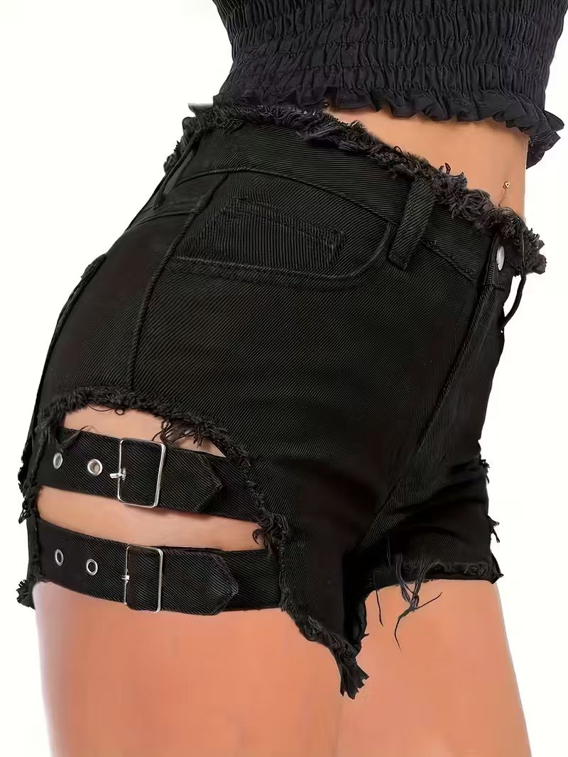 Shorts Denim Frayed - Kadın Siyah Kot Şort Düşük Belli