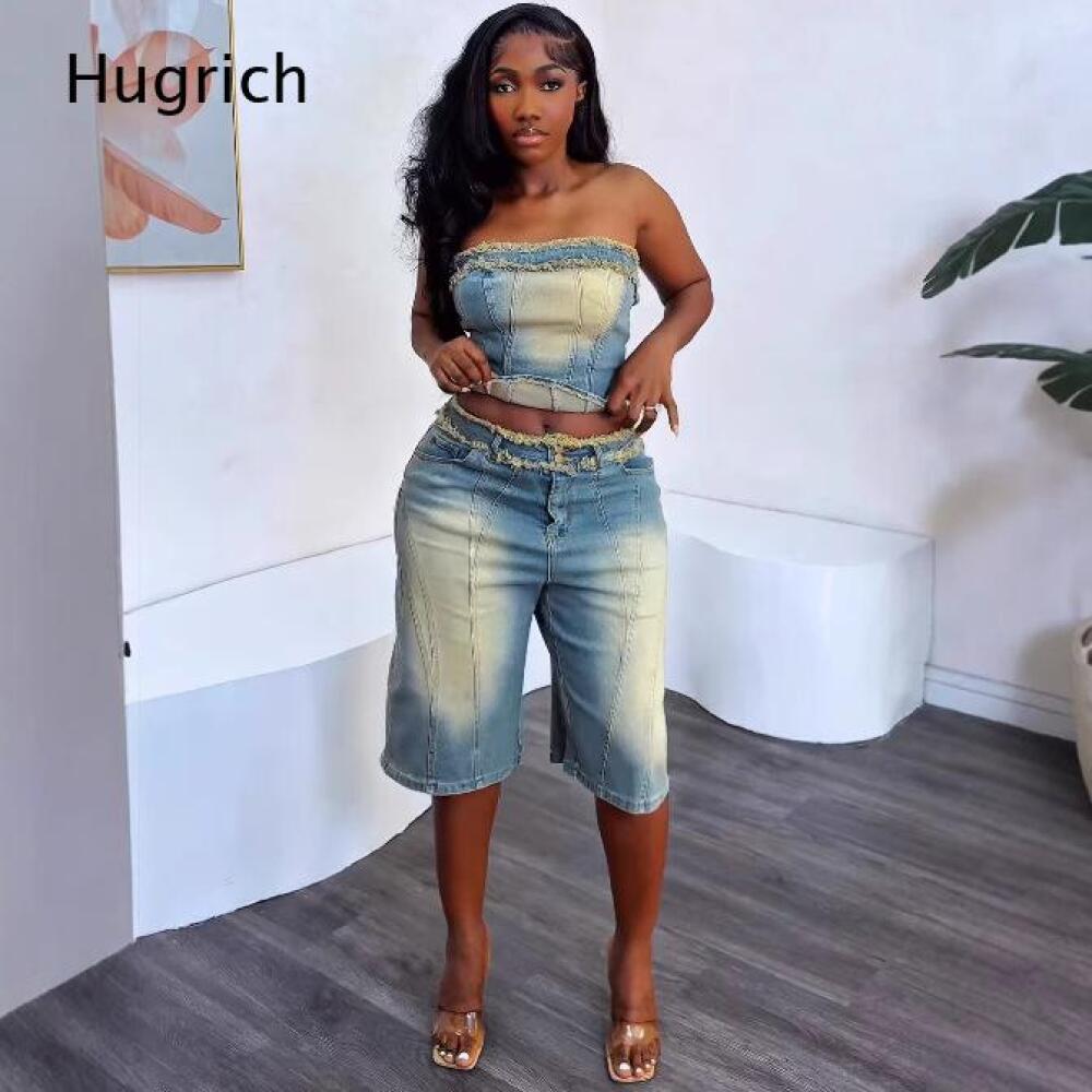 Shorts Denim Frayed - Bayanlar İçin Yıkanmış Straplez Crop Top