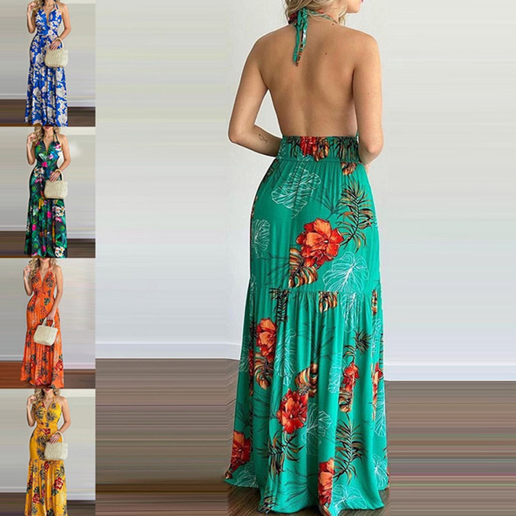 Maxi Dress Halter - Çiçekli Maxi Elbise Uzun Sırtı Açık