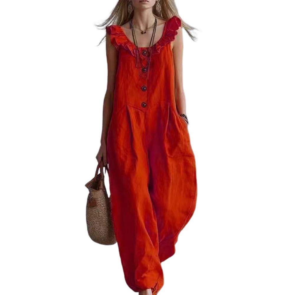 Jumpsuit Linen Relaxed - Rahat Kesim Tulum Kadın Kadın Fırfırlı