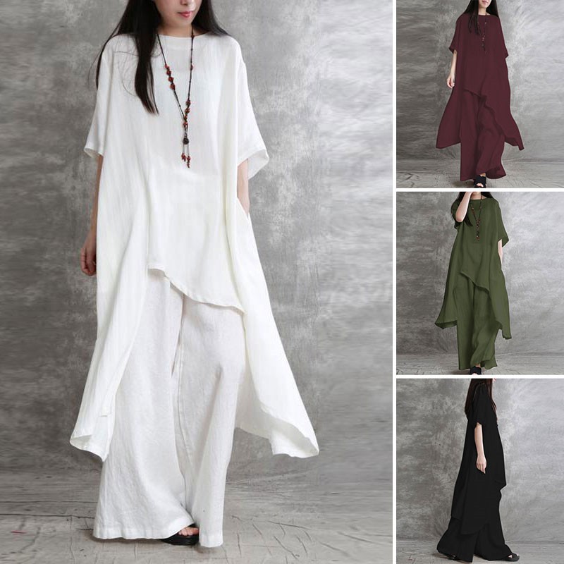 Linen Pant Wide - Kadın pamuk keten 2-piece setleri büyük