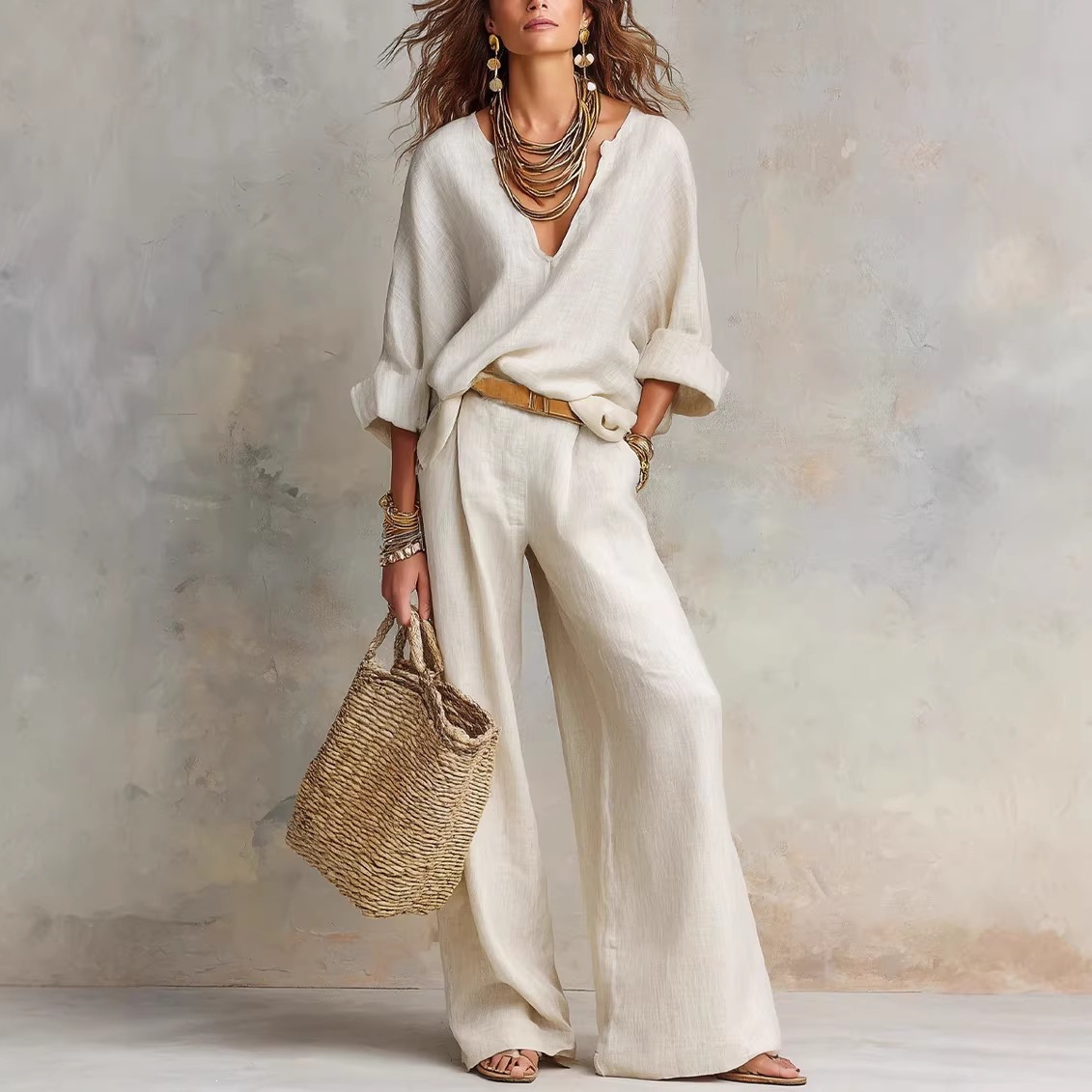 Linen Pant Wide - Vintage Kadınlar İçin Sade Günlük Saf