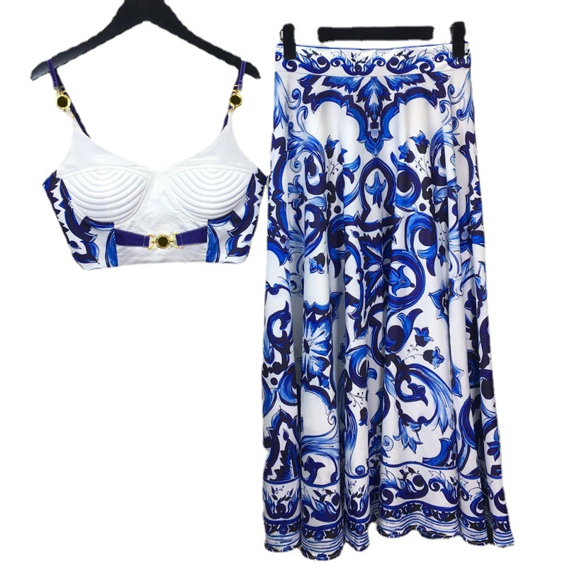Romper Floral Print - Yaz Bohemain mavi ve beyaz porselen