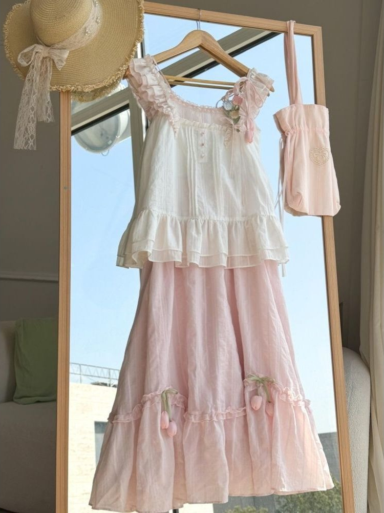 Midi Skirt Floral - Tatlı Kawaii Fırfır Trim Lale Dekor