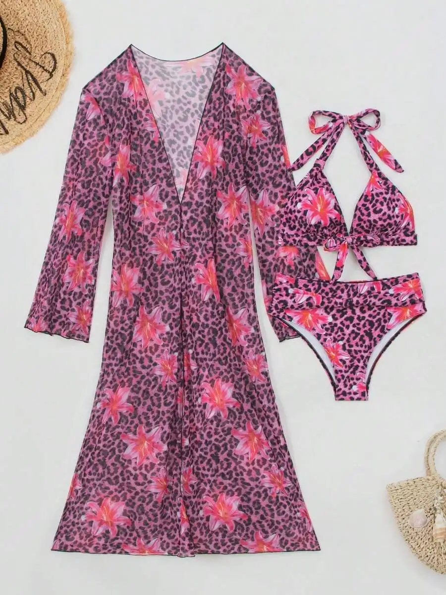 Kimono Sheer Floral - Kadın 3 Parça Leopar Çiçek Desenli
