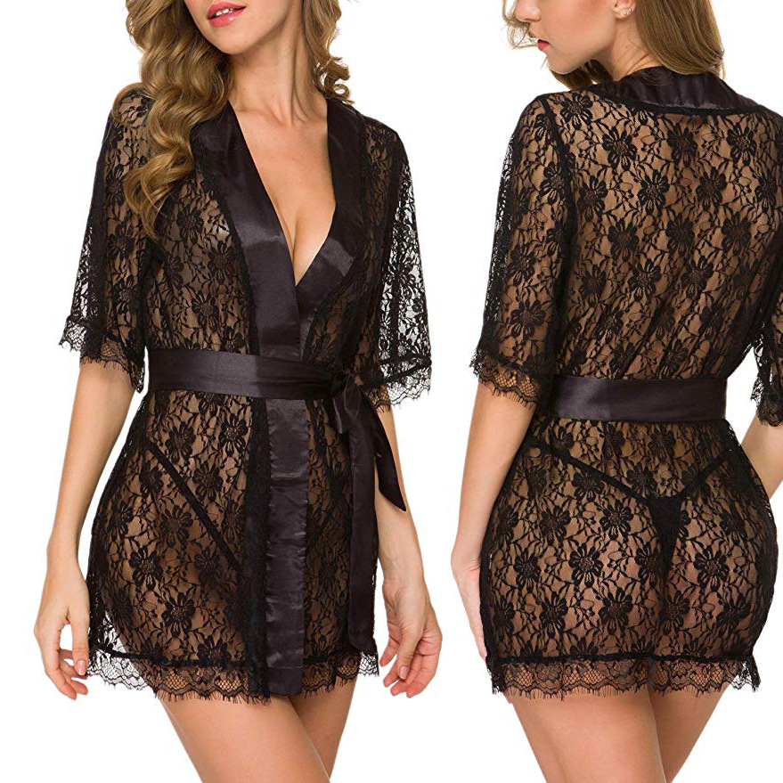 Kimono Sheer Floral - Çiçekli Dantel V Yaka Gecelik Kadınlar
