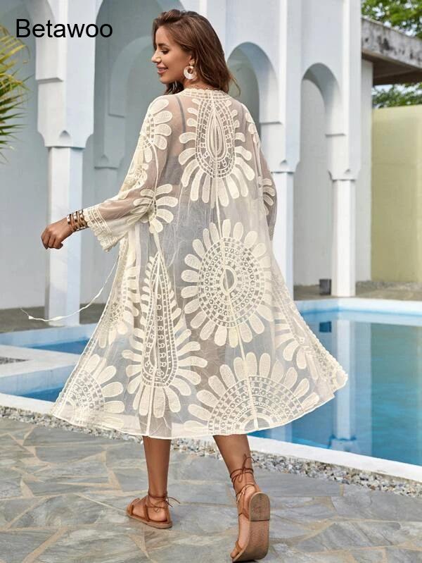 Kadınlar Beyaz Boho Çiçek Dese - Kimono Sheer Floral incelemesi ve fiyatı