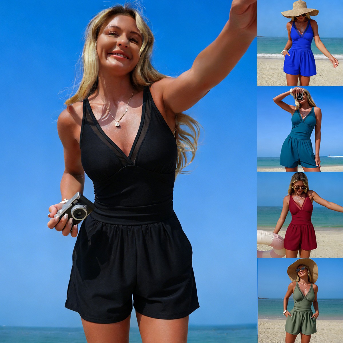 Siyah Düz Renk Kolsuz V Yaka M - Swimsuit Bikini Ruched incelemesi ve fiyatı