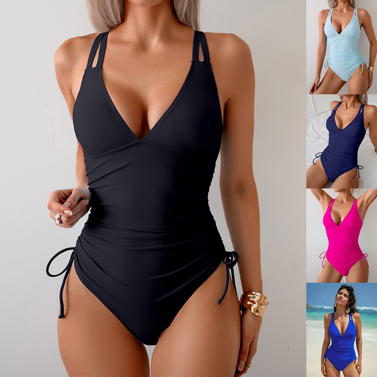 Düz Siyah Mayo V Yaka Büzgülü  - Swimsuit Bikini Ruched incelemesi ve fiyatı